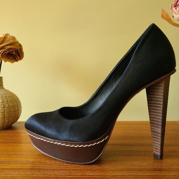 Black Satin Stacked Pumps with Wood Heel - Picture 1 of 7